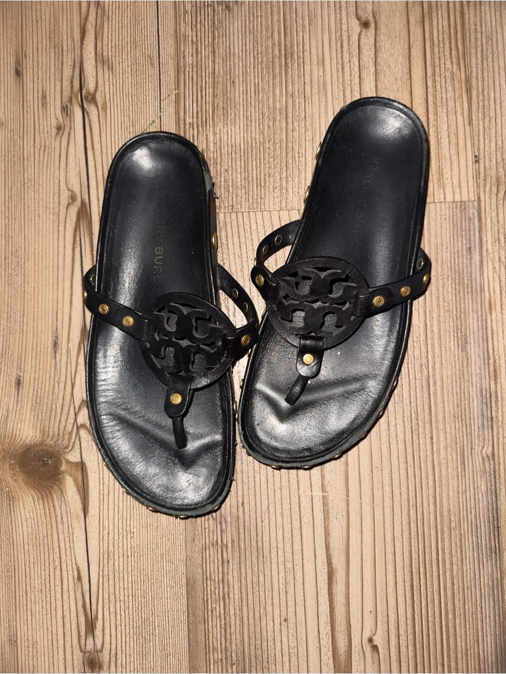 Black Leather Logo Thong Sandals with Gold Studs